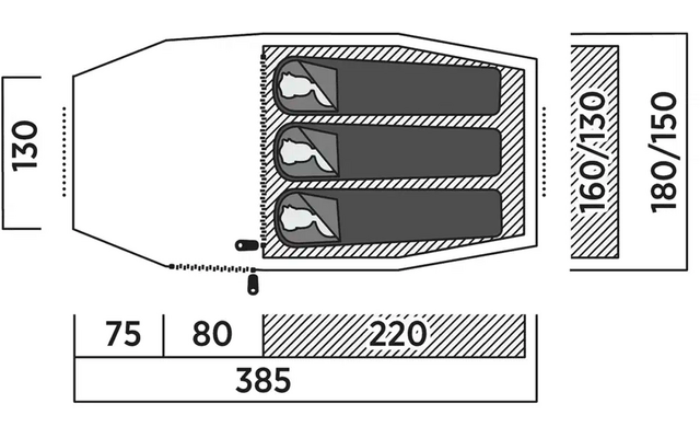 Technische Zeichnung mit Maßen eines rechteckigen Objekts mit drei runden Öffnungen auf der linken Seite