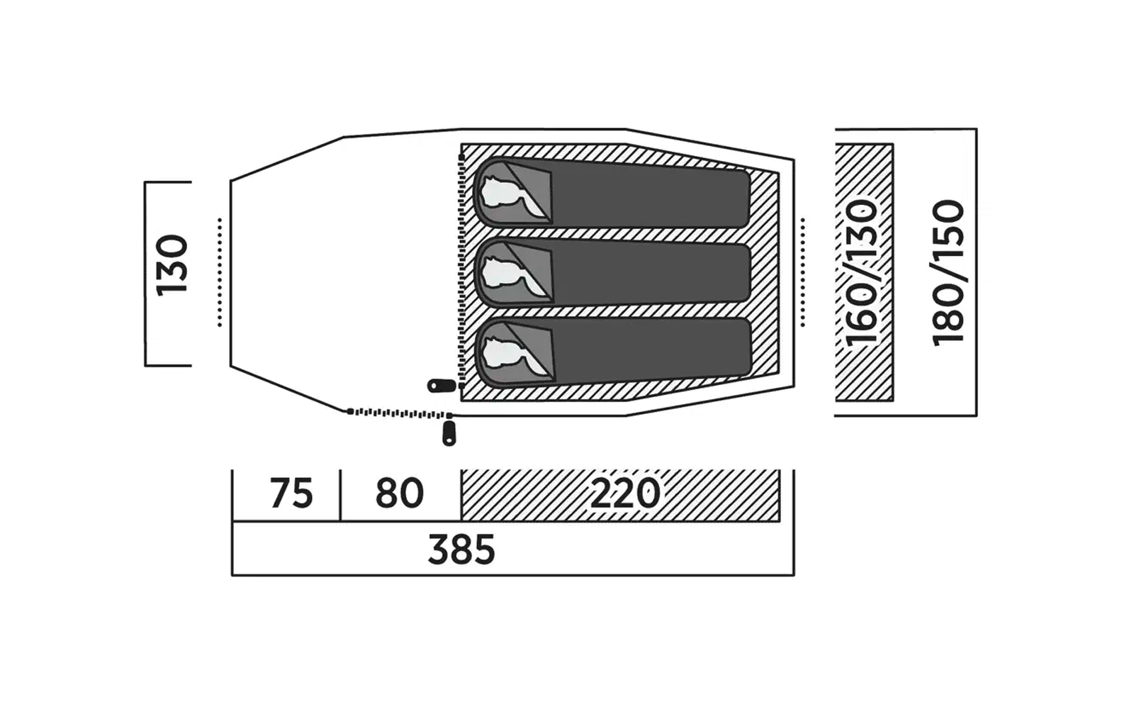 Technische Zeichnung mit Maßen eines rechteckigen Objekts mit drei runden Öffnungen auf der linken Seite