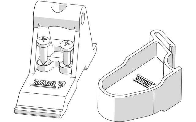 Skizze von zwei technischen Bauteilen mit Schrauben und Halterungen