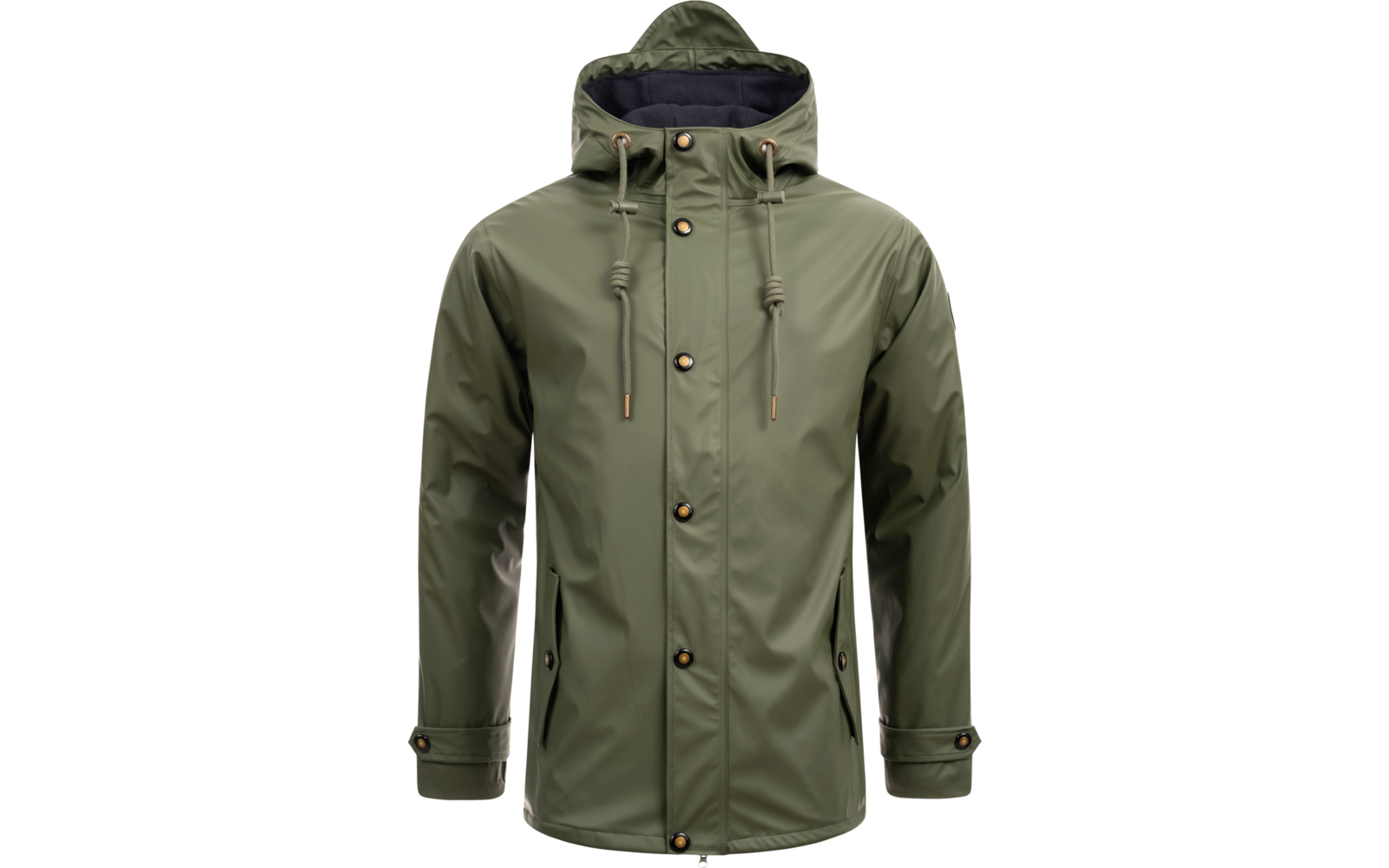 Grüne Kapuzenjacke mit Knöpfen und Reißverschluss, vorne komplett geschlossen