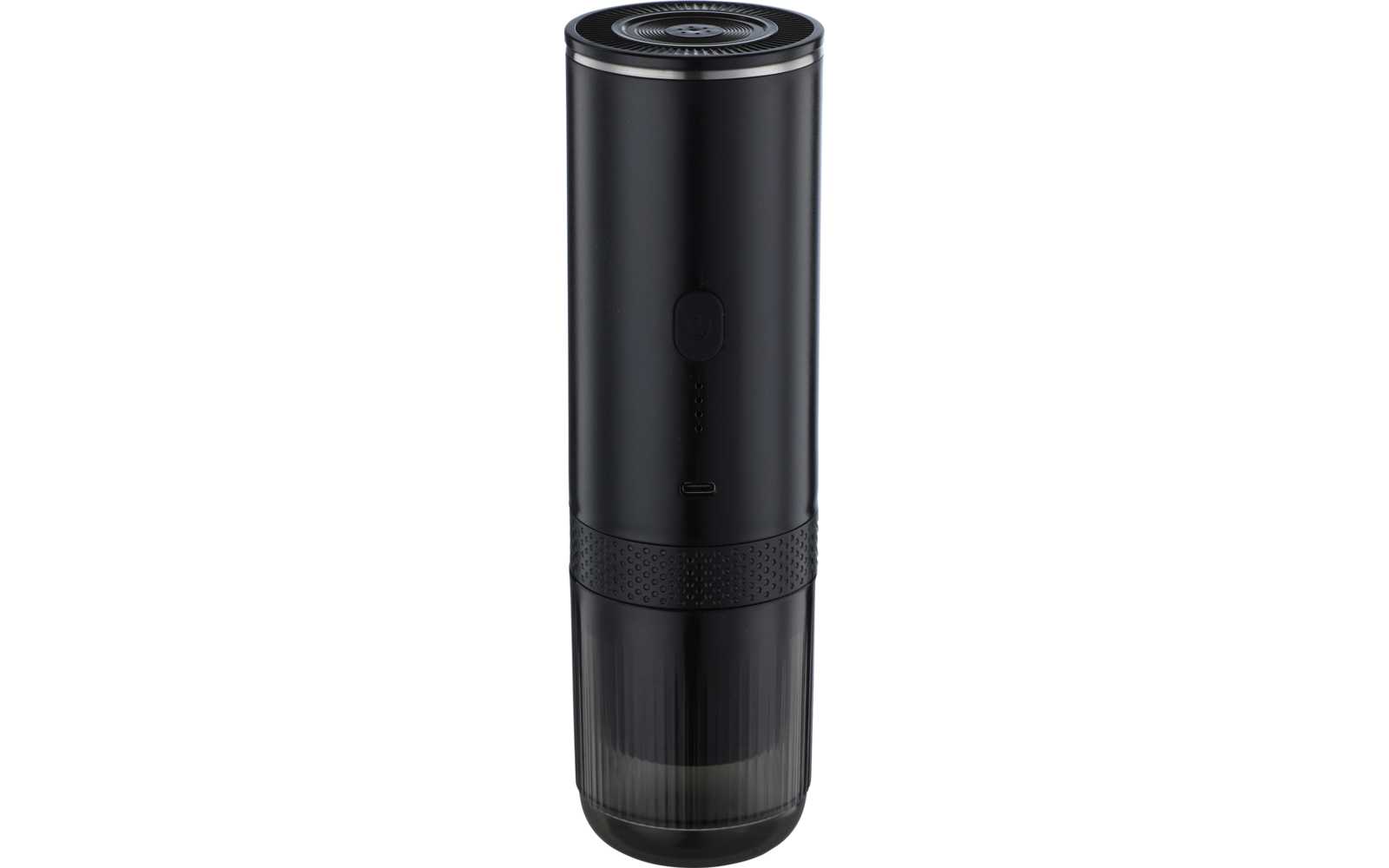 Objet cylindrique noir sur un socle blanc ; dessus avec grille circulaire, bouton central, compartiment inférieur transparent, position verticale devant un fond clair