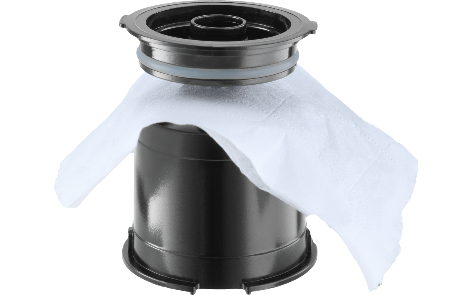 Deux mains tiennent un objet cylindrique noir à rainures sur une surface blanche en forme de cube