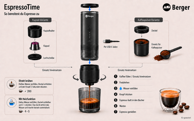 Infografik mit der Überschrift 'EspressoTime'; in der Mitte ein schwarzes zylindrisches Kaffeegerät; links eine Darstellung von Kapseln und einem Kapselbehälter; rechts ein Behälter mit Kaffeepulver und ein Dosierlöffel; darunter ein auseinandergebau