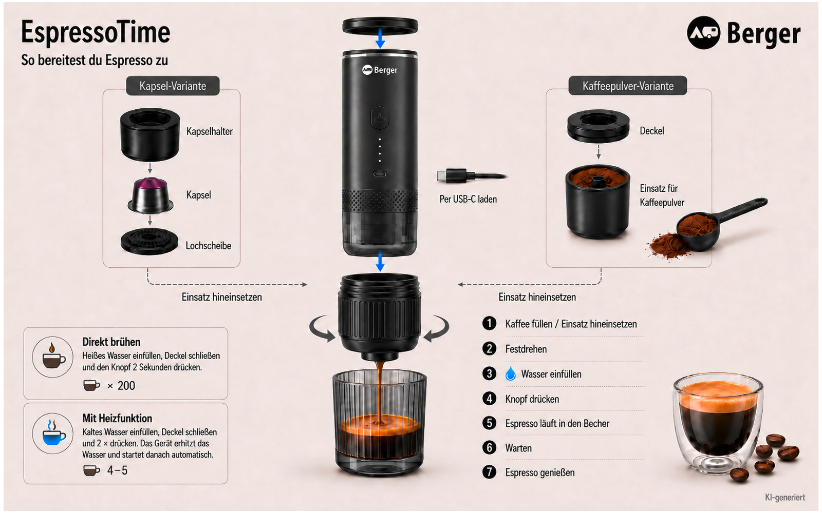 Infografik mit der Überschrift 'EspressoTime'; in der Mitte ein schwarzes zylindrisches Kaffeegerät; links eine Darstellung von Kapseln und einem Kapselbehälter; rechts ein Behälter mit Kaffeepulver und ein Dosierlöffel; darunter ein auseinandergebau