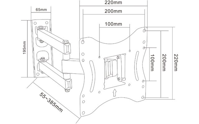 Technische Strichzeichnung einer Wandhalterung mit zwei gelenkigen Armen, einer gebogenen Lochplatte und einer zentralen Befestigungsplatte; Bemaßungen (z. B. 220mm, 200mm, 100mm, 195mm, 65mm, 55–385mm) sind eingezeichnet