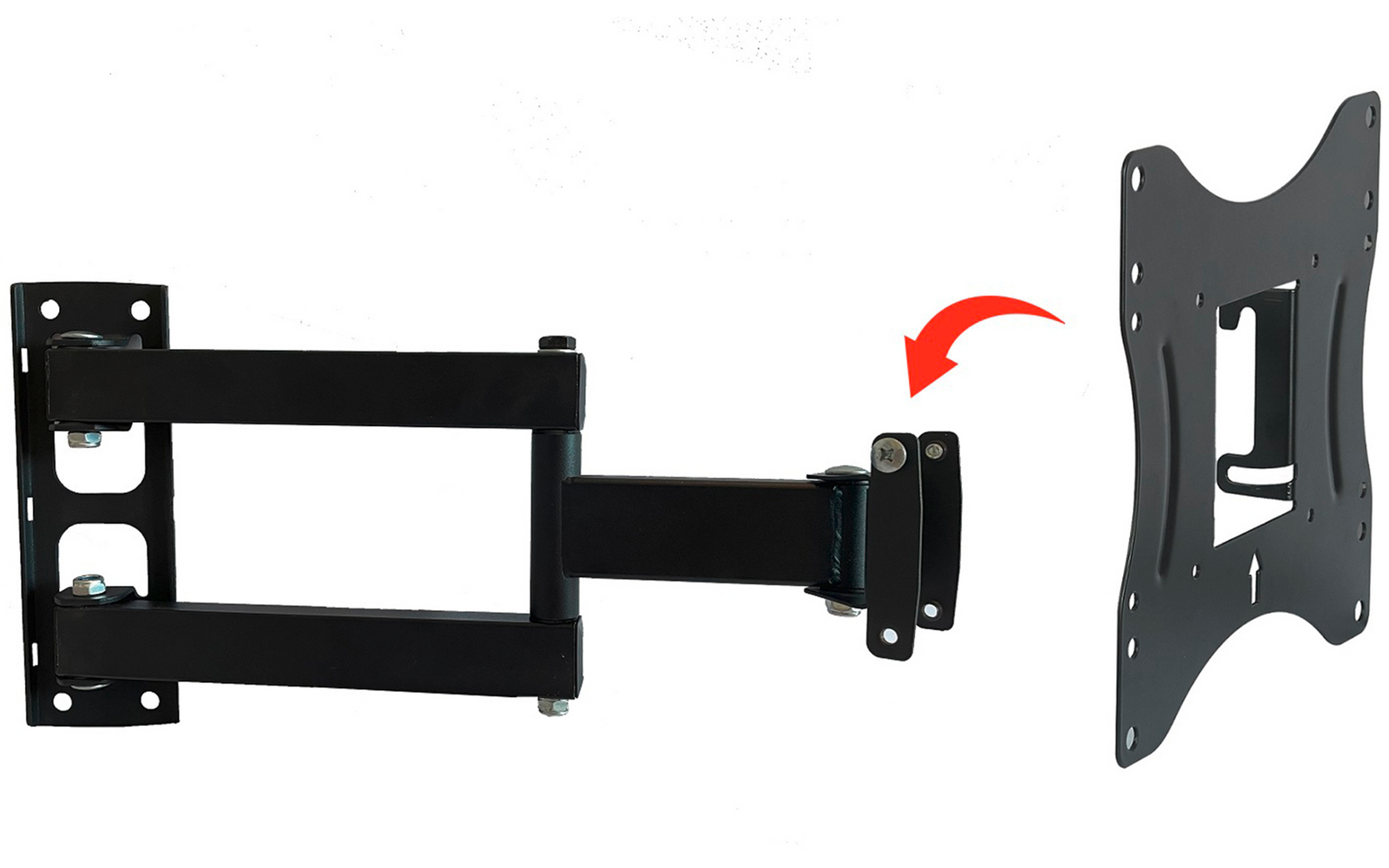 Schwarze, schwenkbare Wandhalterung mit Arm links, separate Befestigungsplatte rechts und roter gebogener Pfeil dazwischen auf weißem Hintergrund