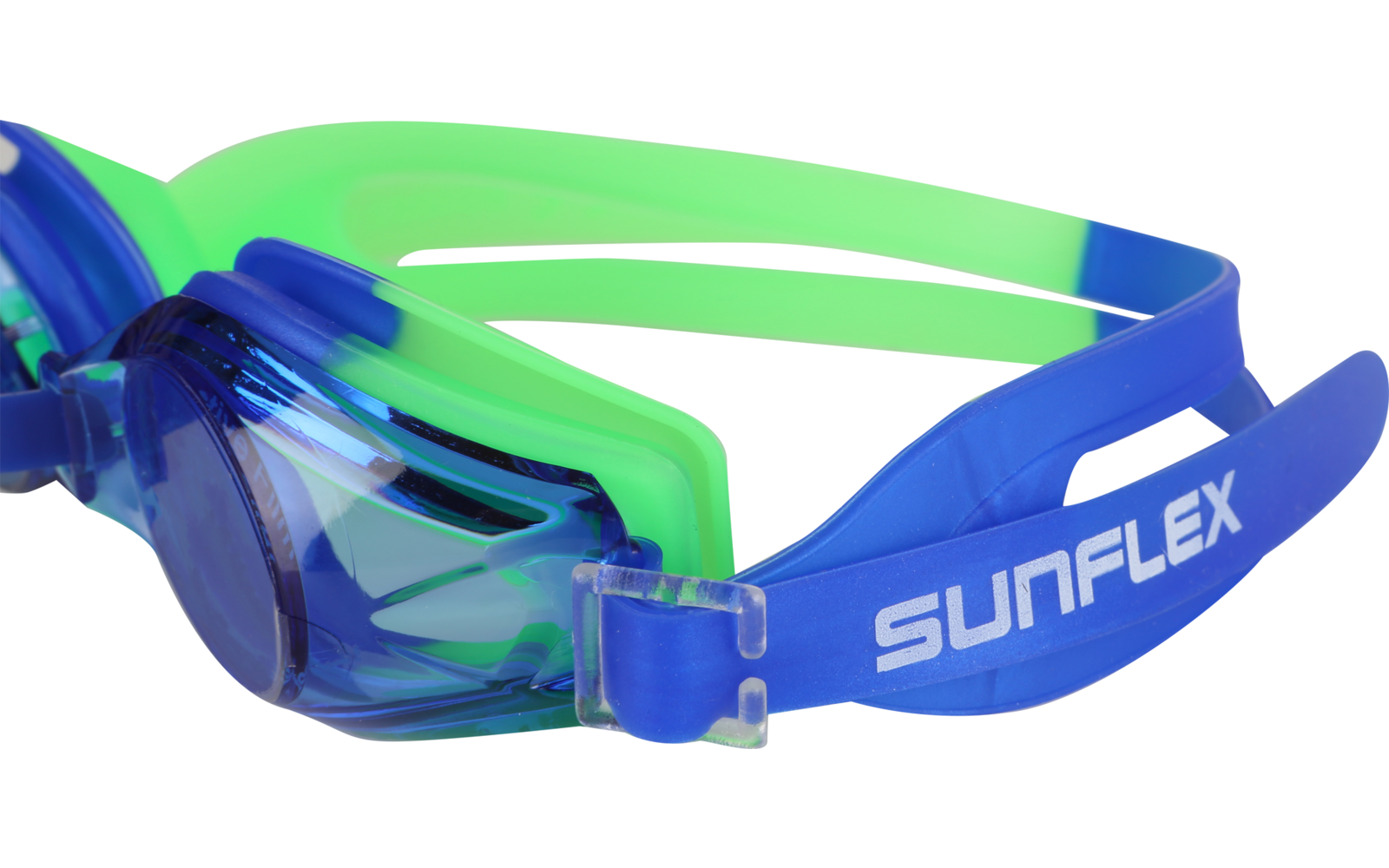 Eine blaue und grüne Schwimmbrille auf weißem Hintergrund