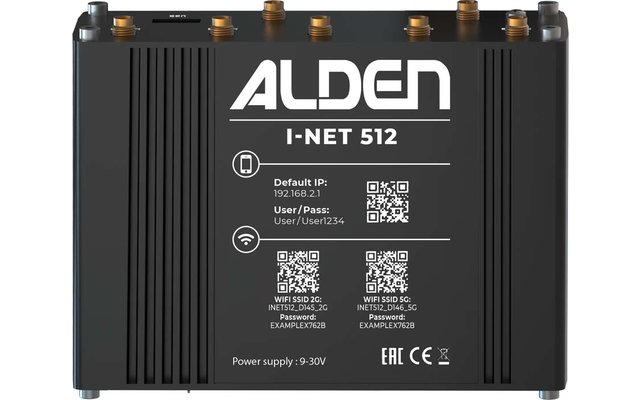 Schwarzes rechteckiges Gerät mit Aufschrift 'ALDEN I-NET 512', mehreren QR-Codes, goldenen Antennenanschlüssen oben und weißem Text