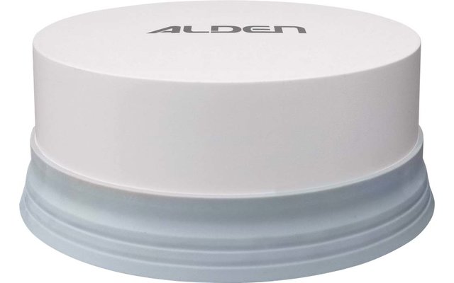 Weißes rundes Objekt mit der Aufschrift "ALDEN" oben und grauem, geriffeltem Sockel