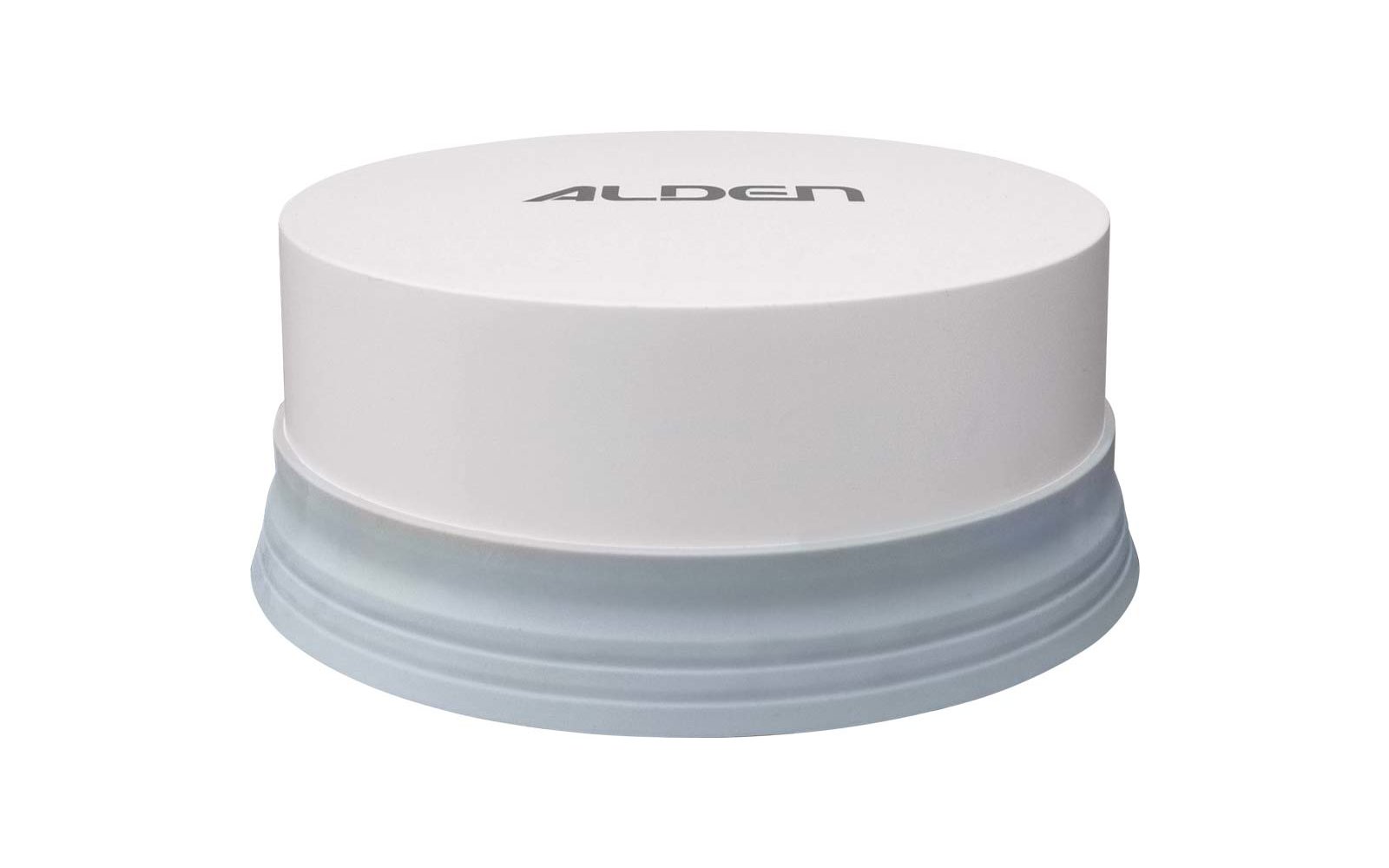 Weißes rundes Objekt mit der Aufschrift "ALDEN" oben und grauem, geriffeltem Sockel
