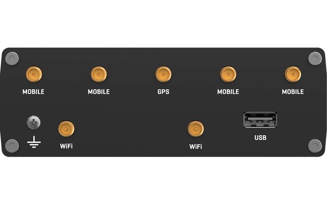 Schwarzes rechteckiges Anschlussfeld mit fünf goldfarbenen Rundsteckern in der oberen Reihe, beschriftet 'MOBILE', 'MOBILE', 'GPS', 'MOBILE', 'MOBILE'. In der unteren Reihe ein silberner Erdungsanschluss mit Erdungssymbol, zwei goldfarbene Rundstecke