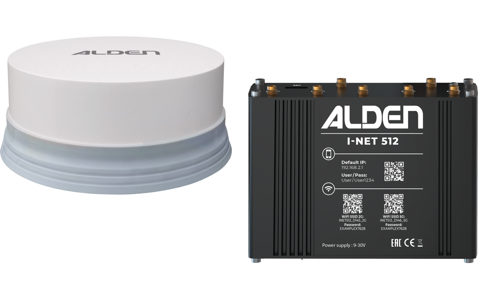 Appareil rond blanc avec base grise à gauche; boîtier métallique rectangulaire noir à droite portant la mention 'ALDEN I-NET 512', codes QR, étiquettes et plusieurs connecteurs