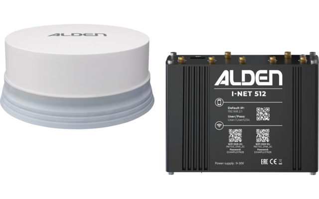 Dispositivo redondo blanco con base gris a la izquierda; carcasa metálica rectangular negra a la derecha con la inscripción 'ALDEN I-NET 512', códigos QR, etiquetas y varios conectores