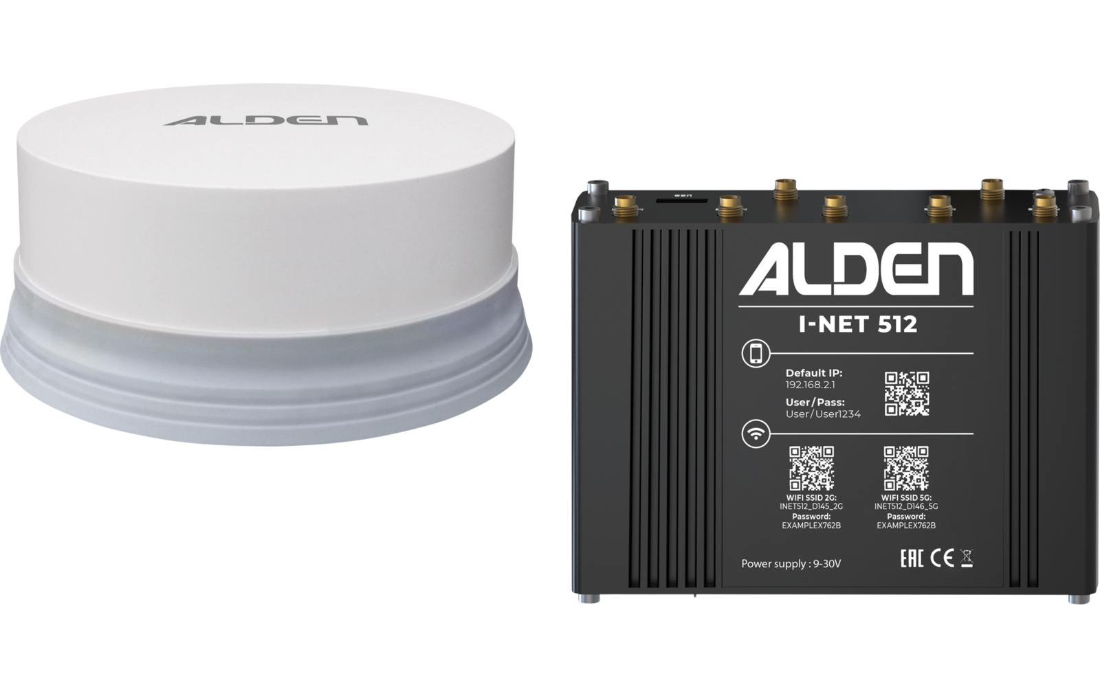 Dispositivo redondo blanco con base gris a la izquierda; carcasa metálica rectangular negra a la derecha con la inscripción 'ALDEN I-NET 512', códigos QR, etiquetas y varios conectores