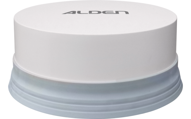 Objeto redondo blanco con la palabra "ALDEN" en la parte superior y una base gris acanalada