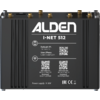 Dispositivo rectangular negro con la inscripción 'ALDEN I-NET 512', varios códigos QR, conectores de antena dorados arriba y texto blanco