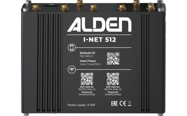 Dispositivo rectangular negro con la inscripción 'ALDEN I-NET 512', varios códigos QR, conectores de antena dorados arriba y texto blanco