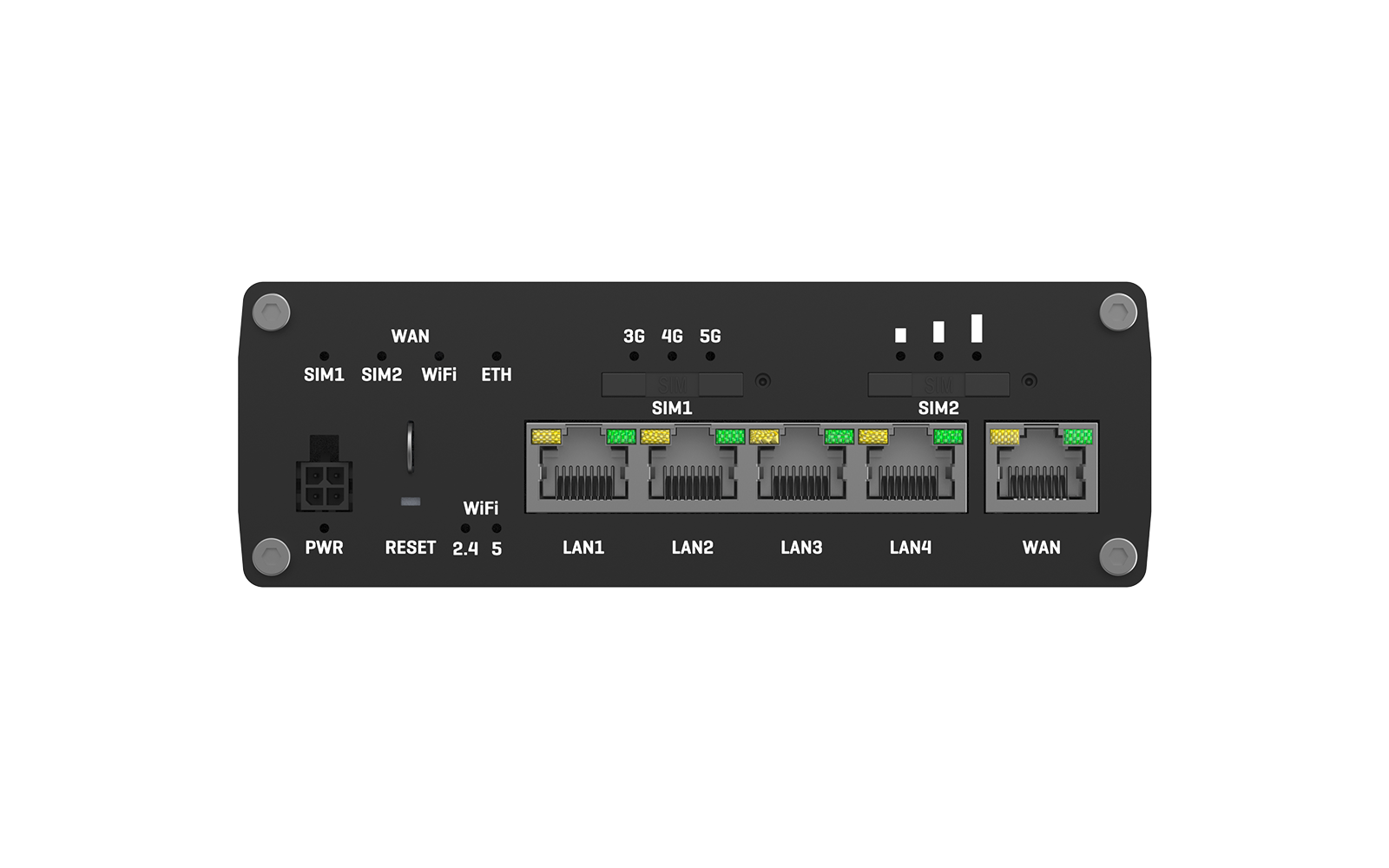 Panel negro del dispositivo con cuatro puertos Ethernet LAN etiquetados LAN1–LAN4, un puerto WAN, dos ranuras para tarjeta SIM etiquetadas SIM1 y SIM2, leyendas 'WIFI', 'ETH', 'PWR', 'RESET', marca '3G 4G 5G' y tres conectores metálicos cortos arriba a la derecha