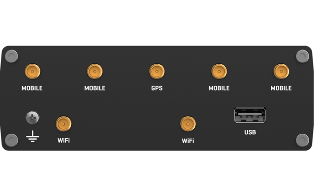 Panel de conexión rectangular negro con cinco conectores circulares dorados en la fila superior etiquetados 'MOBILE', 'MOBILE', 'GPS', 'MOBILE', 'MOBILE'. En la fila inferior un conector de tierra plateado con símbolo de tierra, dos conectores circulares dorados etiquetados 'WIFI', un puerto USB rectangular y cuatro tornillos de montaje plateados en las esquinas