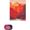 Ein abstraktes Bild mit roten und orangen Wellenformen, darunter eine Yogamatte mit einer Person in einer Yogaposition