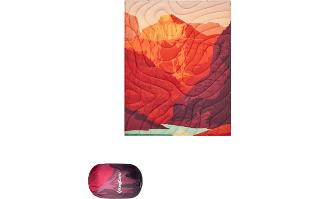 Ein abstraktes Bild mit roten und orangen Wellenformen, darunter eine Yogamatte mit einer Person in einer Yogaposition