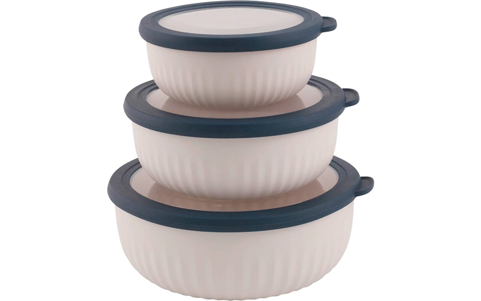 Drie witte plastic kommen met grijze deksels op elkaar gestapeld