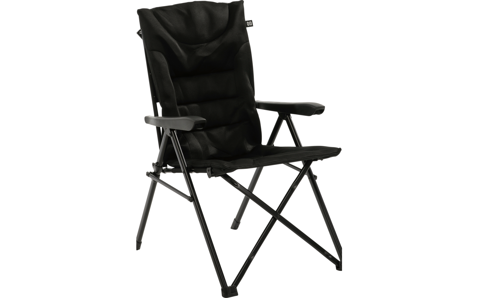 Schwarzer Klappstuhl mit gepolsterter Rückenlehne und Armlehnen