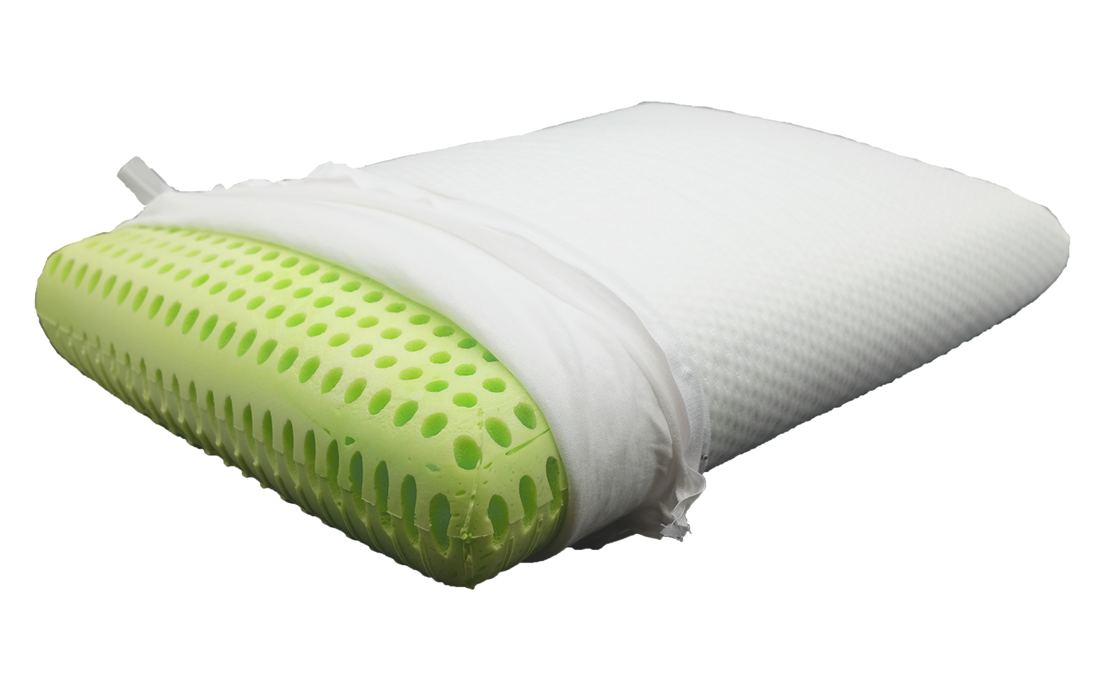Schräg liegendes weißes Kissen mit offenem Bezug, grüner gelochter Schaumkern sichtbar