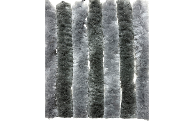 Zeven pluizige verticale strepen in verschillende grijstinten naast elkaar op een witte achtergrond