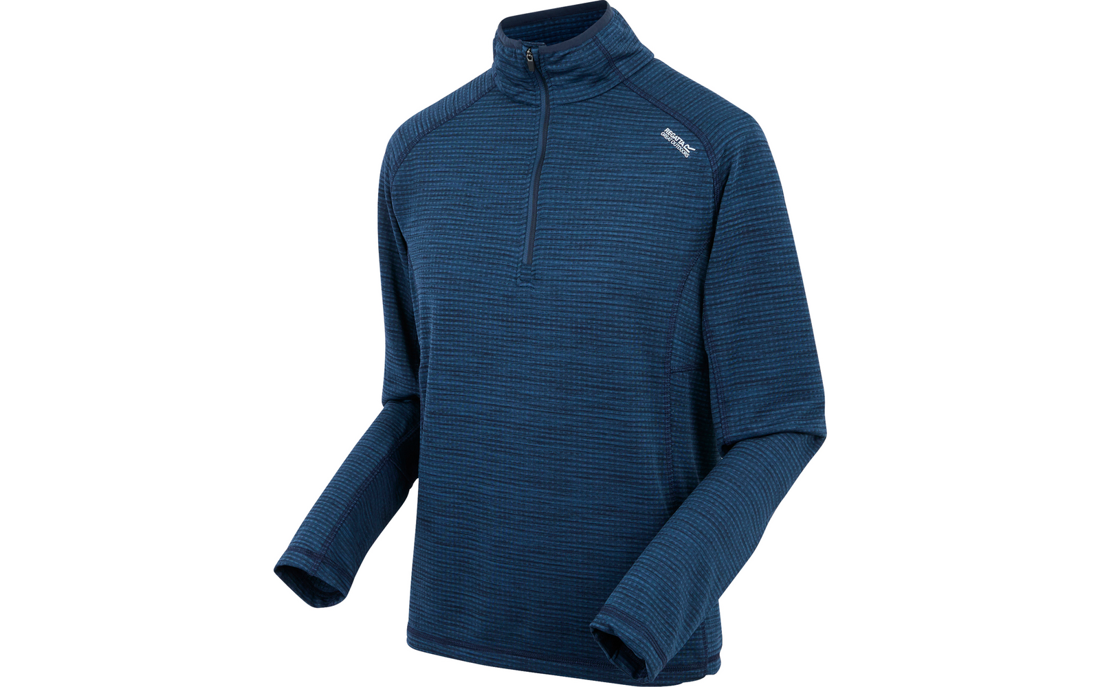 Blauer langärmliger Pullover mit kurzem Reißverschluss und Stehkragen