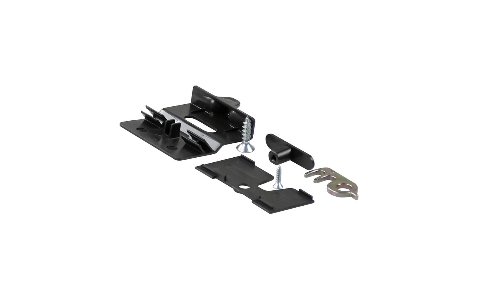 Mehrere schwarze Metallhalterungen, zwei silberne Schrauben und ein kleiner Metallclip auf weißem Hintergrund