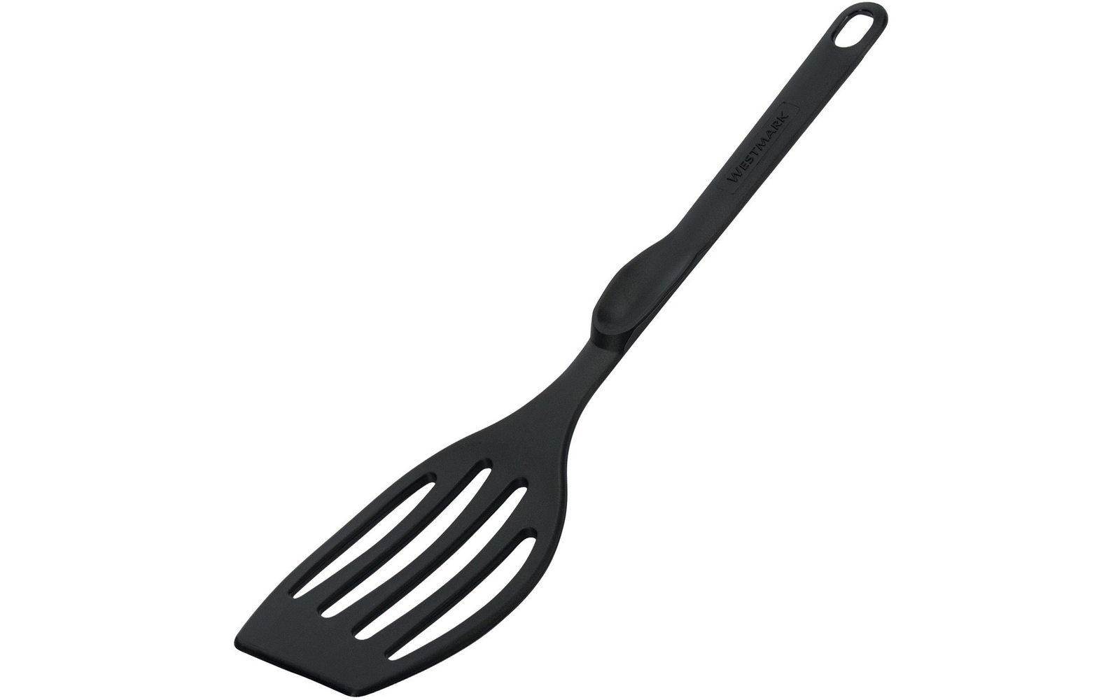 Spatule noire à fentes avec long manche et trou pour accrocher