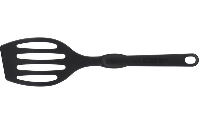 Spatule noire en plastique à tête fendue, manche long et trou à l'extrémité