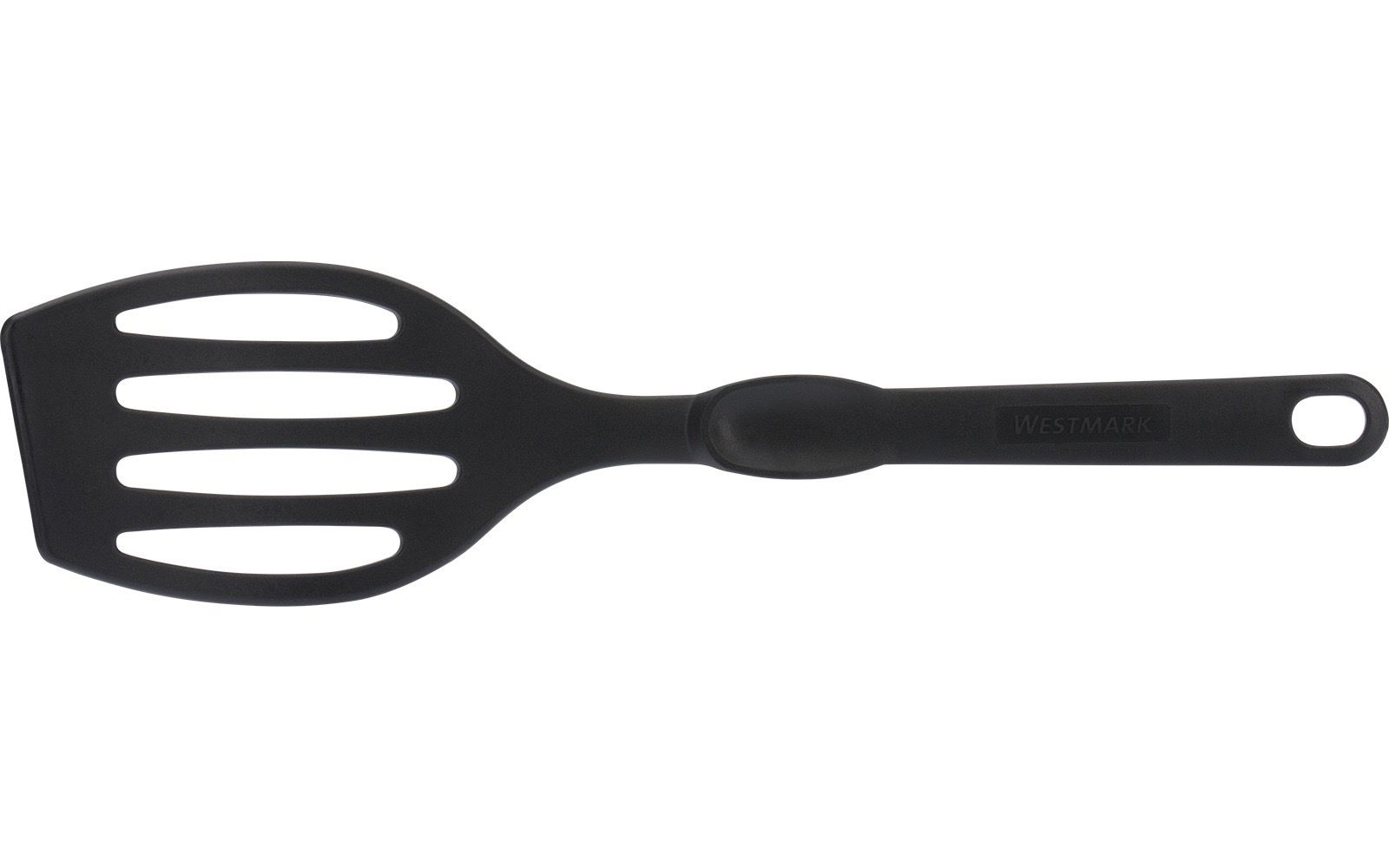 Spatule noire en plastique à tête fendue, manche long et trou à l'extrémité