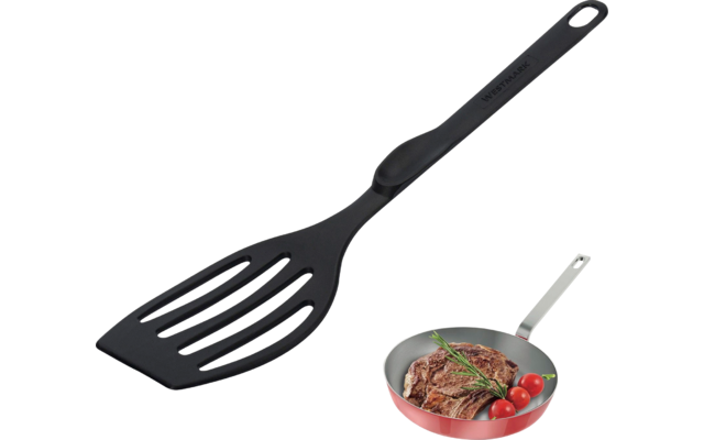 Spatule fendue noire avec long manche sur fond blanc ; petite image insérée d'une poêle avec un steak, des tomates cerises et un brin de romarin