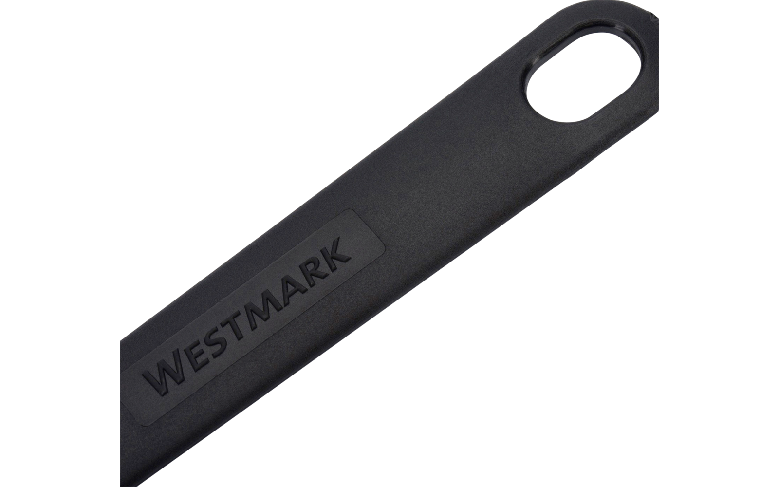 Poignée noire avec inscription en relief "WESTMARK" et trou ovale pour accrocher sur fond blanc
