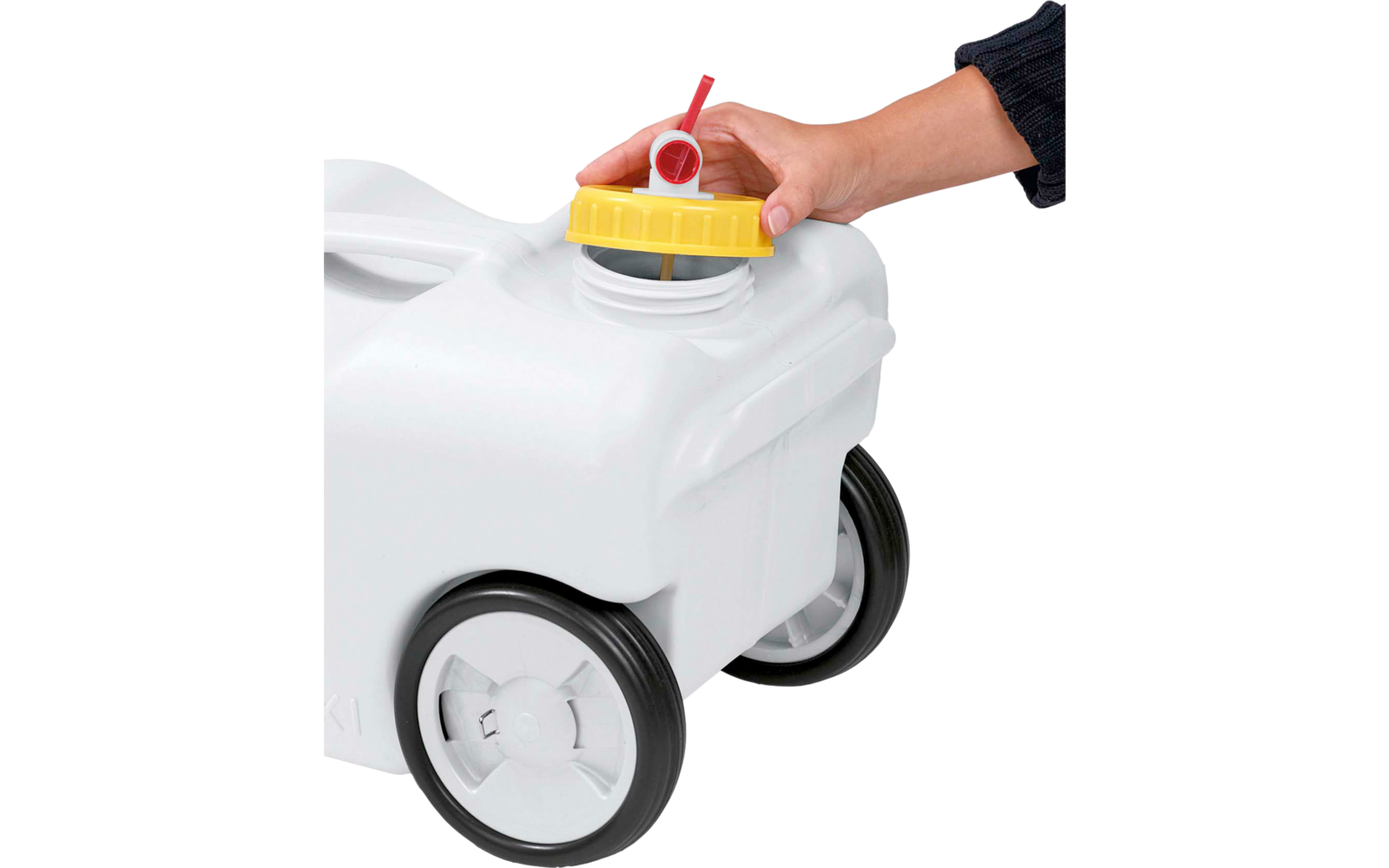 Hand opening yellow cap on white container with wheels