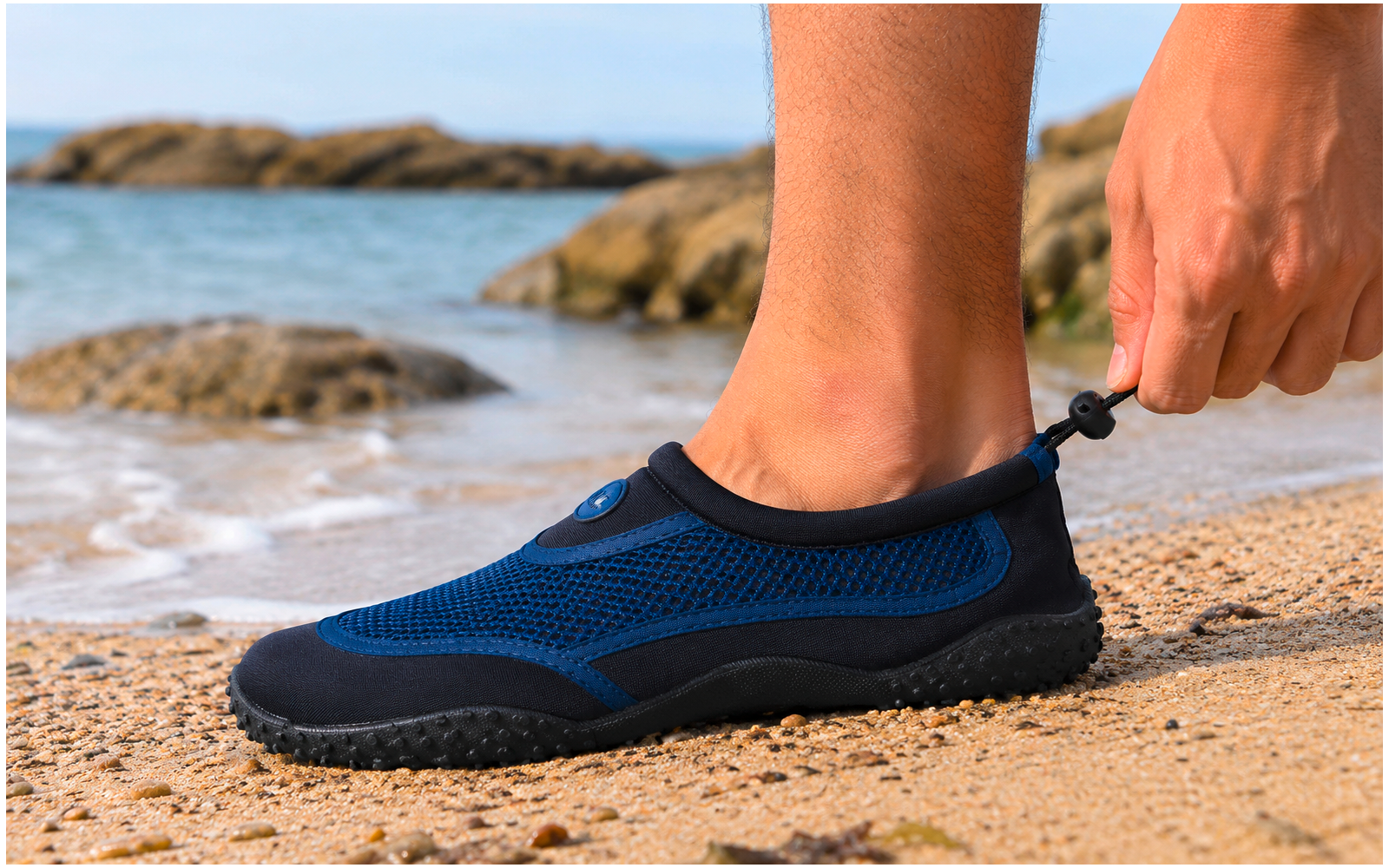 Primer plano de un pie con un zapato de agua azul en una playa de arena; una mano aprieta el cordón en el talón, rocas y mar al fondo