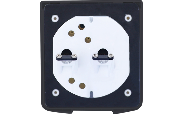 Schwarzer quadratischer Rahmen mit weißer runder Platte, zwei weiße zylindrische Einsätze jeweils mit silbernen Schrauben, mehrere kleine runde Metallöffnungen (gold- und dunkelfarben) auf der Platte, vier sichtbare Schrauben an den Rahmenecken