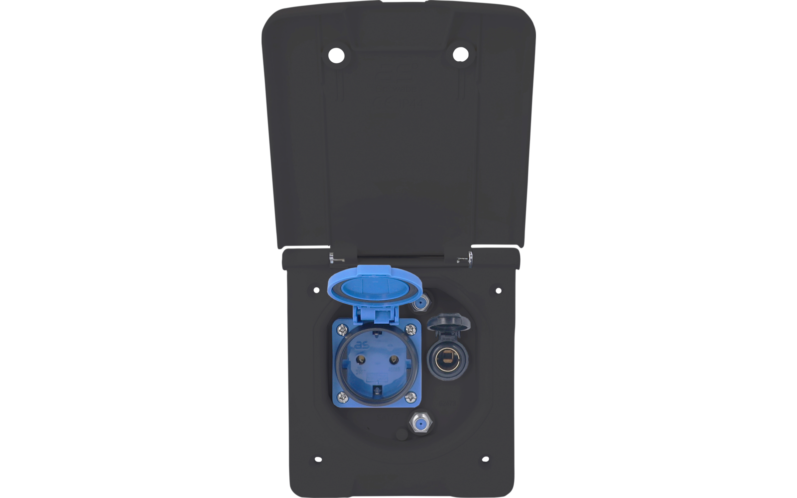 Geöffnete schwarze Abdeckung; innen ein blaues rundes Bauteil mit Klappe links, ein kleineres rundes metallisches Bauteil rechts, mehrere Schrauben sichtbar