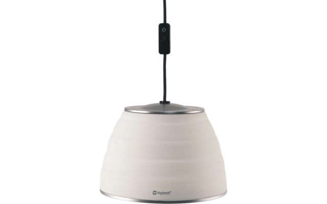 Hanglamp met witte gelaagde kap, zilveren rand, zwart snoer met inlineschakelaar, Outwell-logo zichtbaar