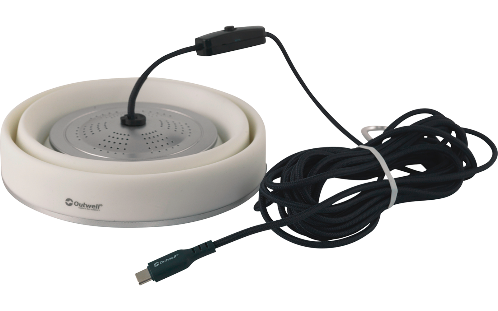 Rond licht apparaat met geperforeerd midden, een zwarte kabel met rechthoekige bedieningsmodule en een groene USB‑stekker