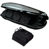 Box da tetto nero aperto con tre borse nere all'interno; una borsa aggiuntiva davanti; logo BMW visibile