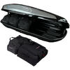 Box da tetto nero aperto con logo BMW; due borse nere all'interno e due borse nere davanti al box; sfondo bianco