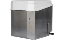 Grijs metalen apparaat met witte deksel en zwarte handkruk aan de rechterkant