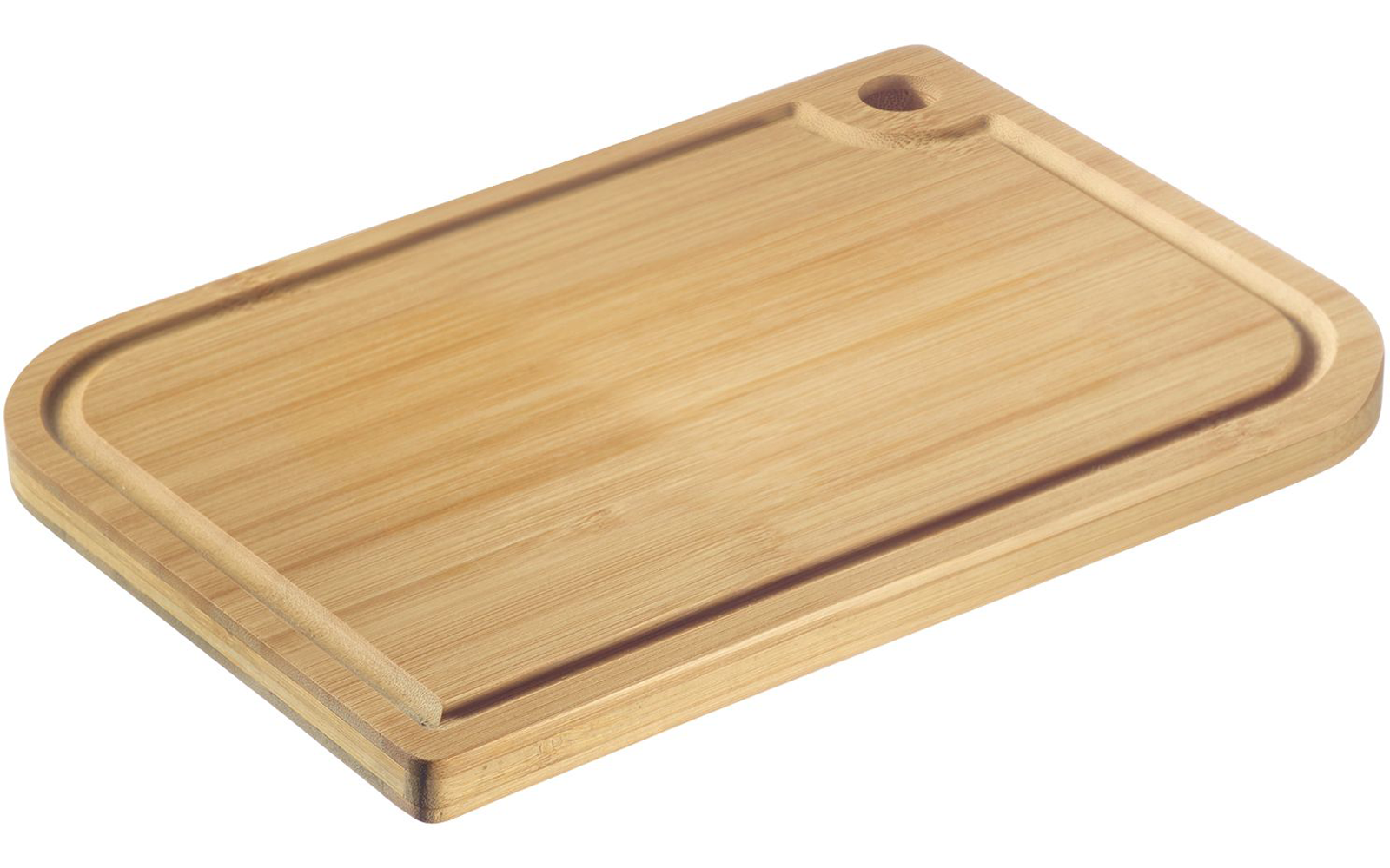 Rectangular light wooden cutting board with rounded corners, groove around the edge and a round hole in one corner on a white background