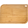 Rectangular bamboo cutting board with rounded corners, a juice groove around the edge and a round hole in one corner