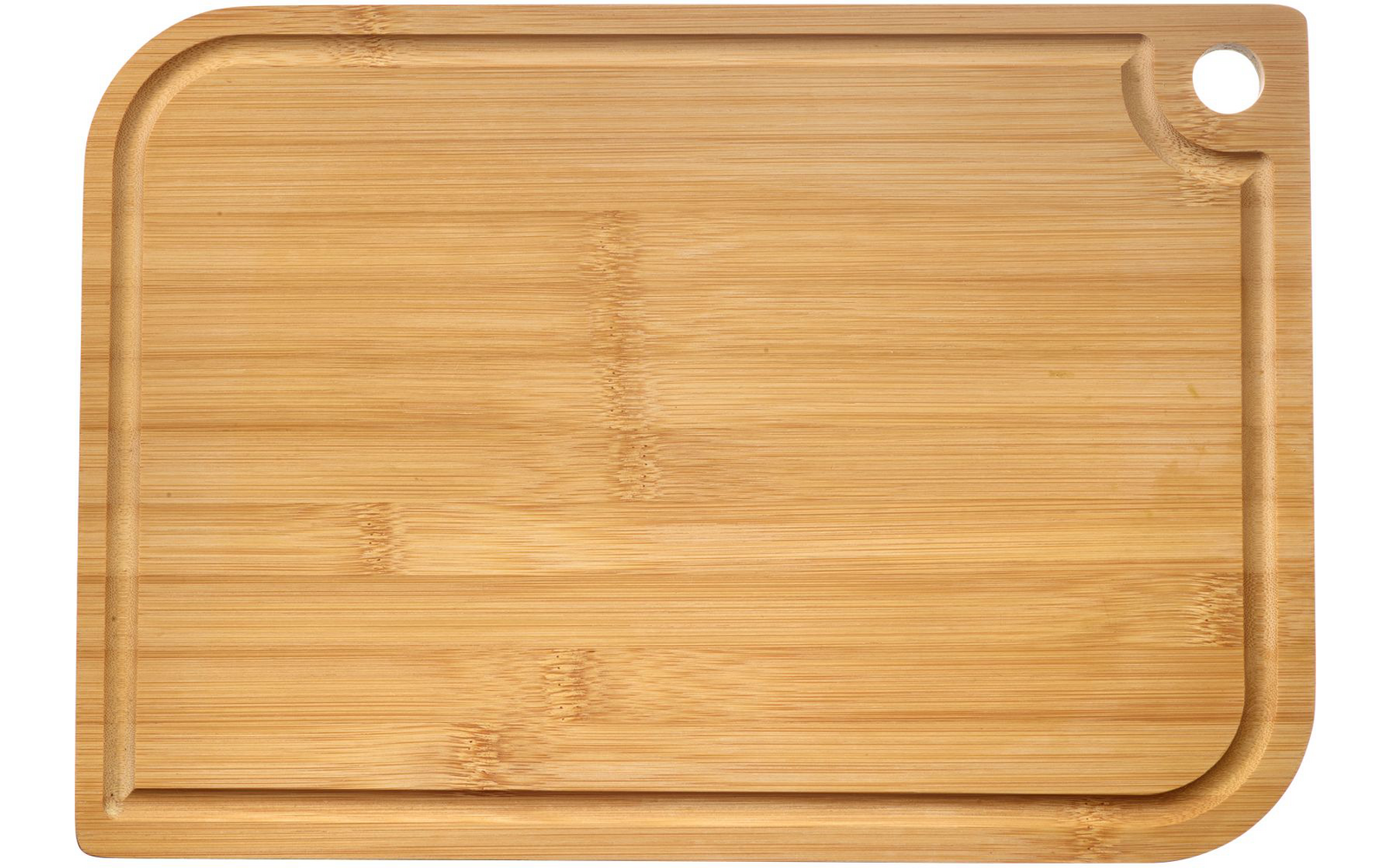 Rectangular bamboo cutting board with rounded corners, a juice groove around the edge and a round hole in one corner