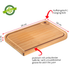Rectangular bamboo cutting board with rounded corners, circumferential groove, round hanging hole, red dimension lines (28 cm, 18 cm, 1.5 cm) and green 'Pro Nature' logo