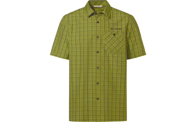 Camisa verde de manga corta a cuadros, con botones al frente, bolsillo en el pecho izquierdo y logo visible